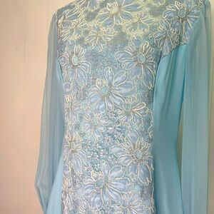 Vintage 1960’s White House Dinner Dress - Icy Blue Lace Chiffon Maxi Dress